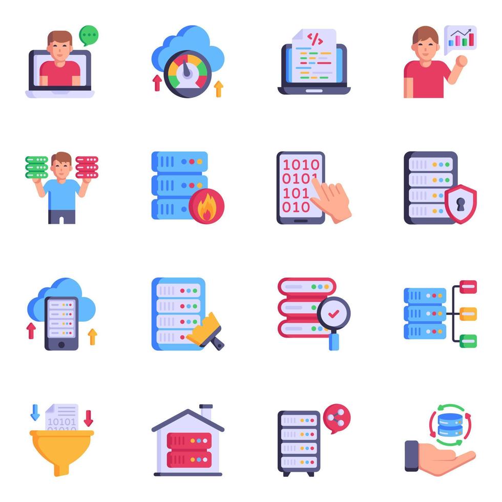 paquete de iconos planos de alojamiento de datos vector