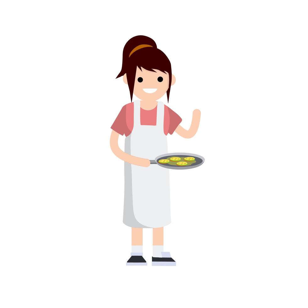 Woman in white apron stands with plate in hand. Delicious dish and cake vector