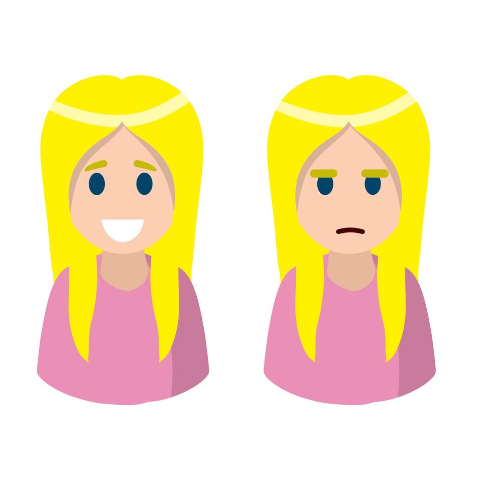 mujer rubia. conjunto de emociones de niña. pelo largo. alegría y tristeza. vector