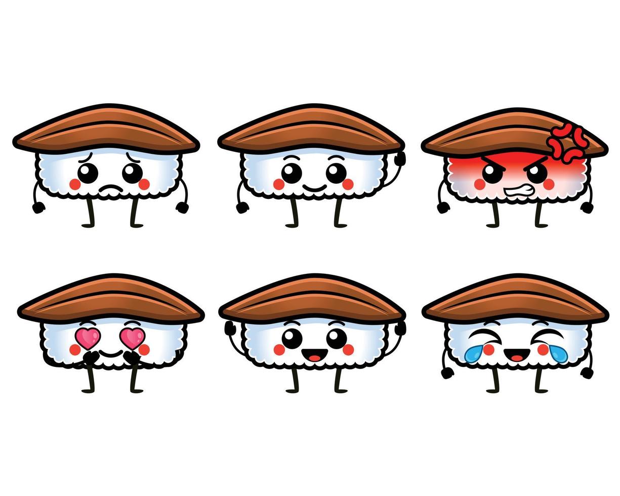 divertidos personajes de sushi de anguila unagi con cara linda vector