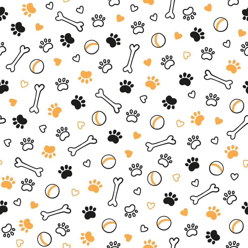 Seamless dog pattern with paw prints, bones, hearts and balls. Cat foot texture. Pattern with doggy pawprint and bones. Dog texture. Hand drawn vector illustration in doodle style on white background