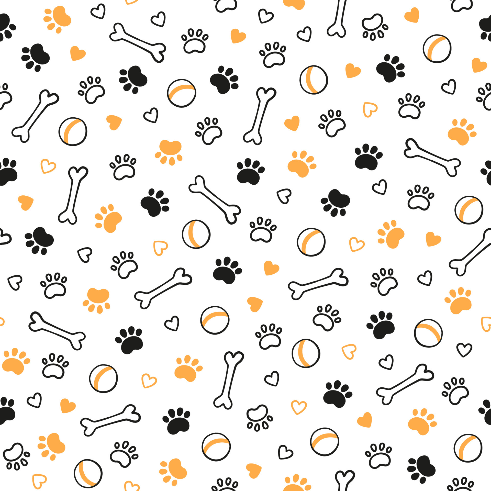 Seamless dog pattern with paw prints, bones, hearts and balls. Cat foot
