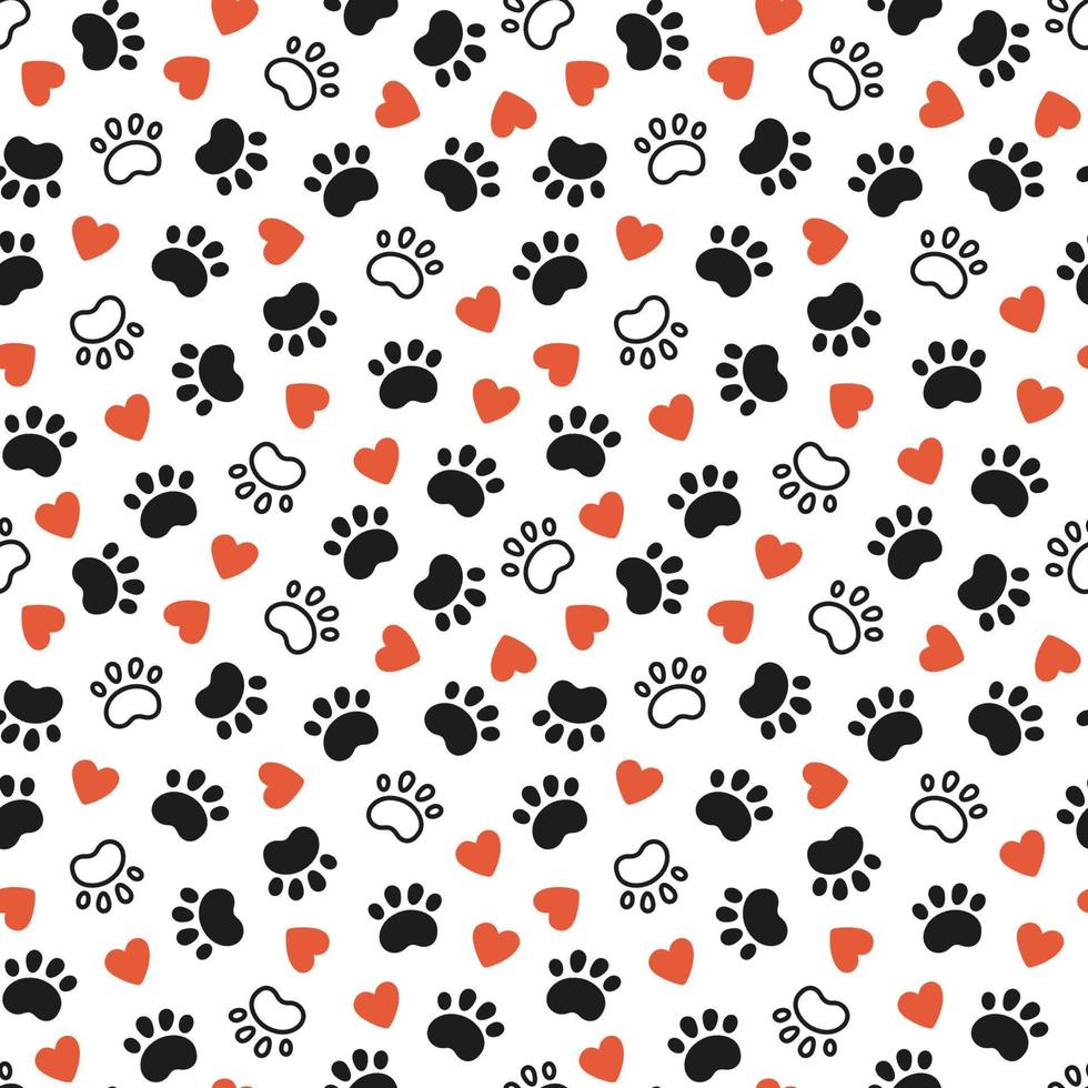 Seamless dog pattern with paw prints and red hearts. Cat foot texture