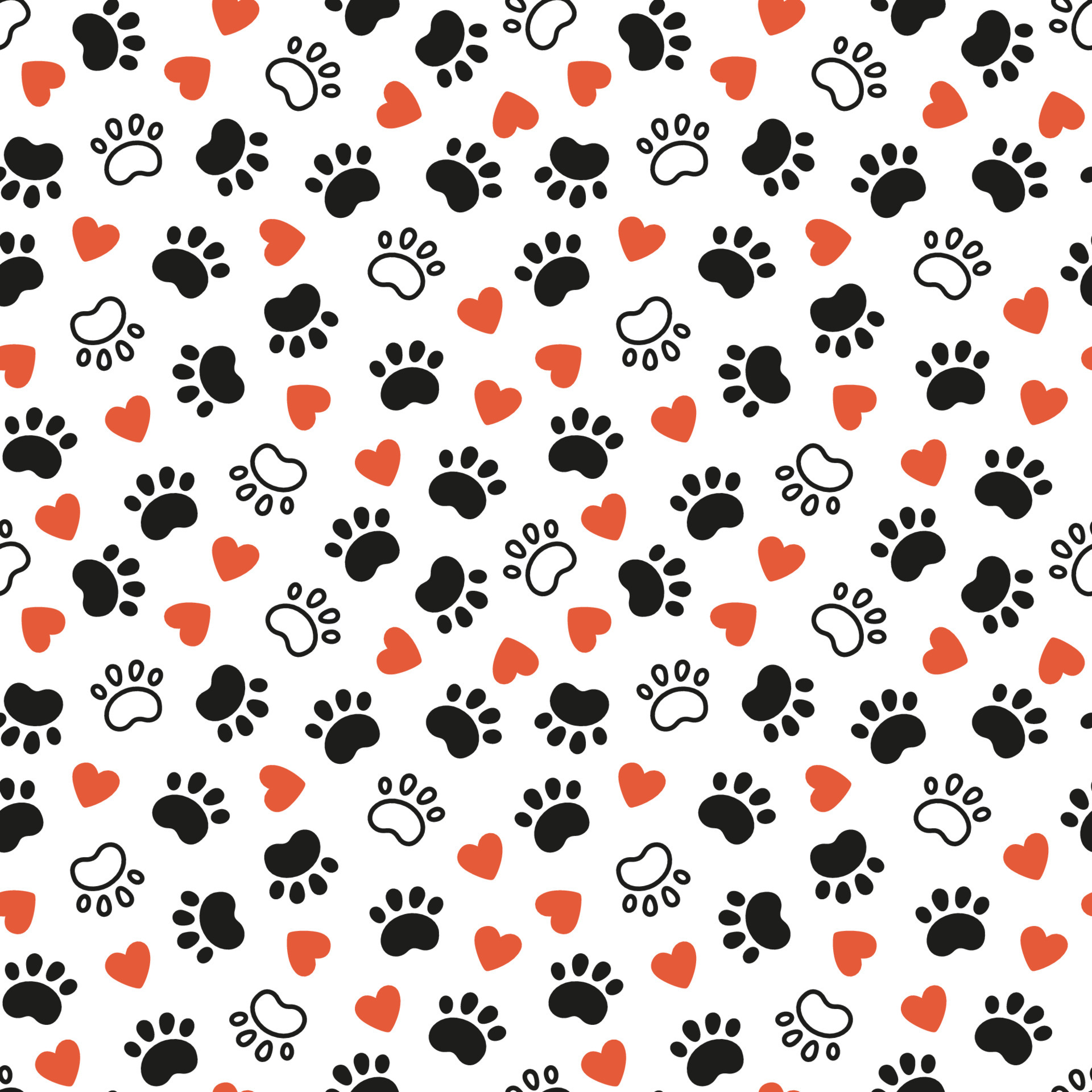 Seamless dog pattern with paw prints and red hearts. Cat foot texture