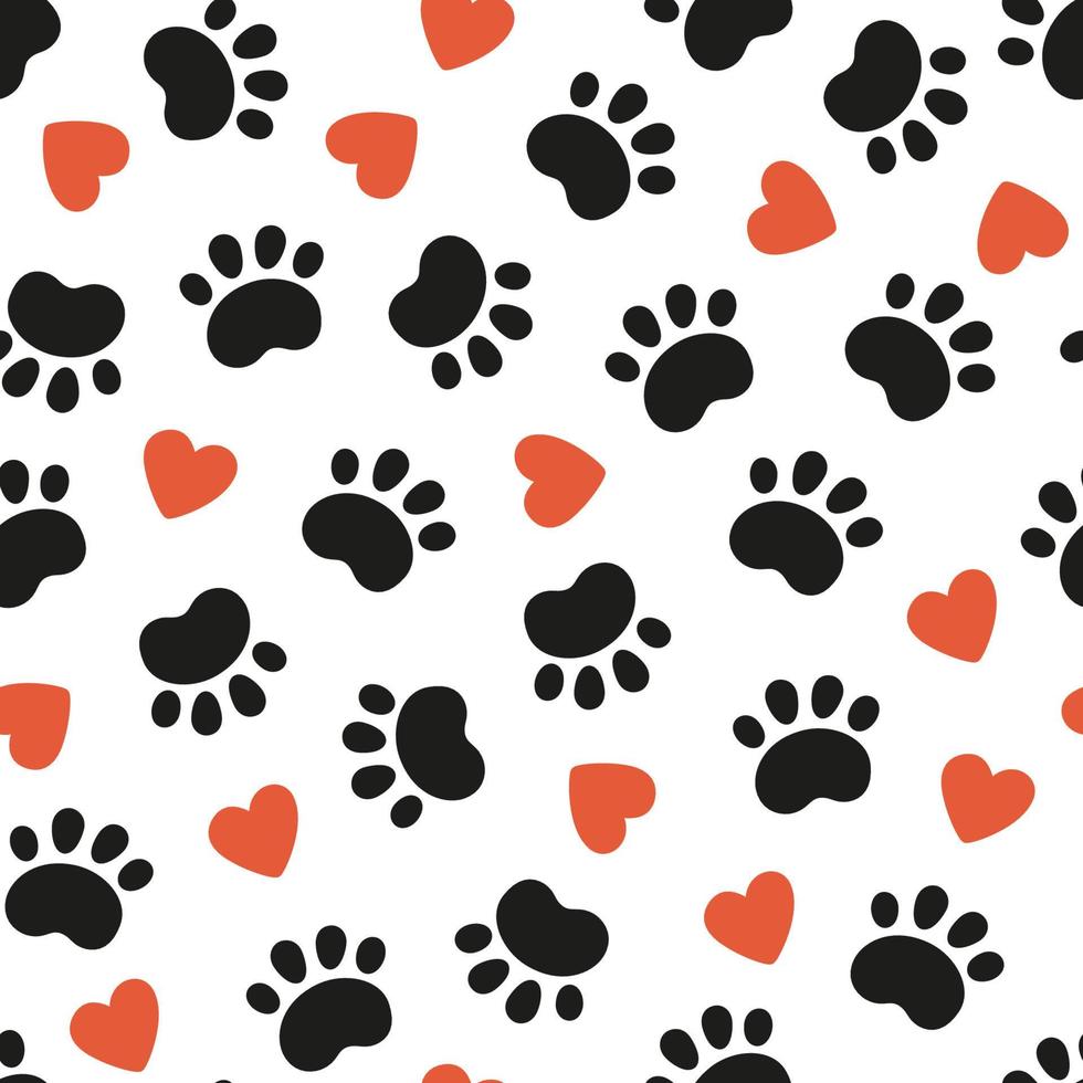 Seamless dog pattern with paw prints and red hearts. Cat foot texture. Pattern with doggy pawprint and hearts. Dog texture. Hand drawn vector illustration in doodle style on white background