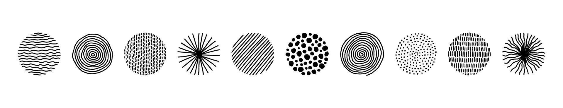 Hand drawn circles with doodle texture. Modern abstract set black round shape with lines, circles, drops. Hand drawn organic doodle shapes. Colletion vector illustrations isolated on white background