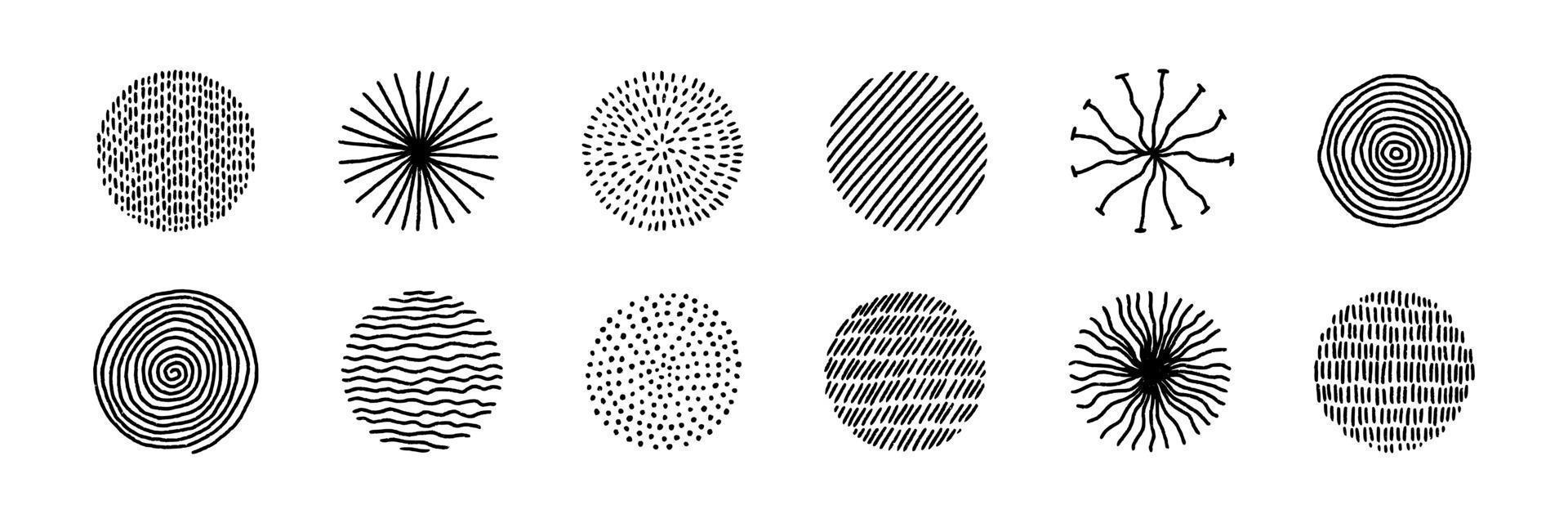 Hand drawn circles with doodle texture. Modern abstract set black round shape with lines, circles, drops. Hand drawn organic doodle shapes. Colletion vector illustrations isolated on white background