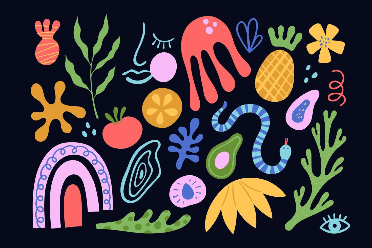 manchas orgánicas, frutas tropicales, hojas, cara de mujer y coral al estilo matisse. conjunto de elementos abstractos de doodle de moda. lote con formas naturales, colección aleatoria matisse. ilustración vectorial vector