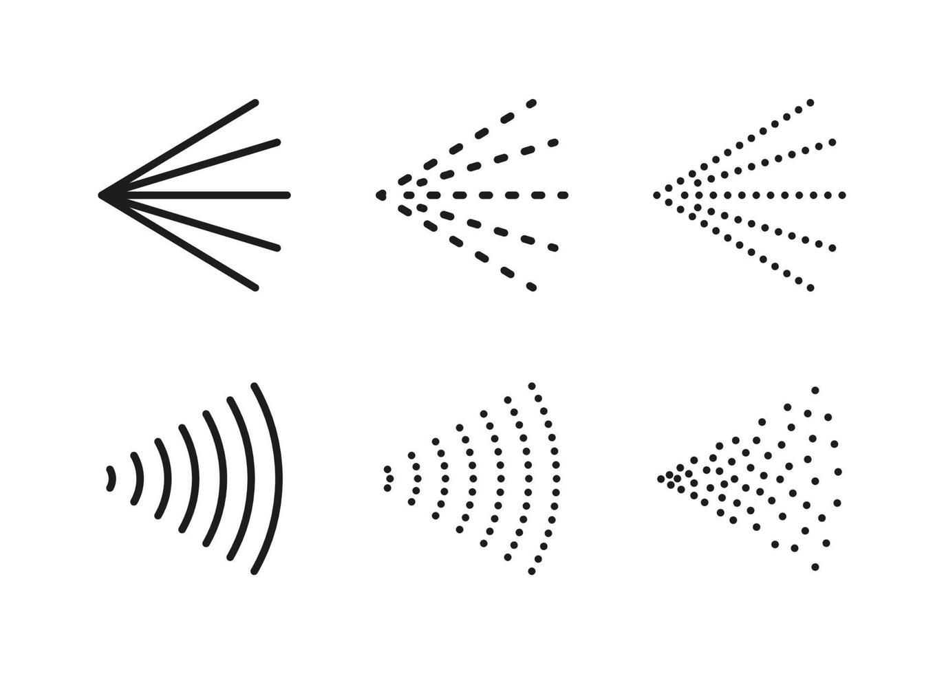 rocíe íconos de vapor para agua, perfume, pintura o desodorante. dispersión de gas o neblina de aerosol. símbolos de pulverización. la boquilla de vapor fluye. conjunto de ilustraciones vectoriales aisladas sobre fondo blanco vector