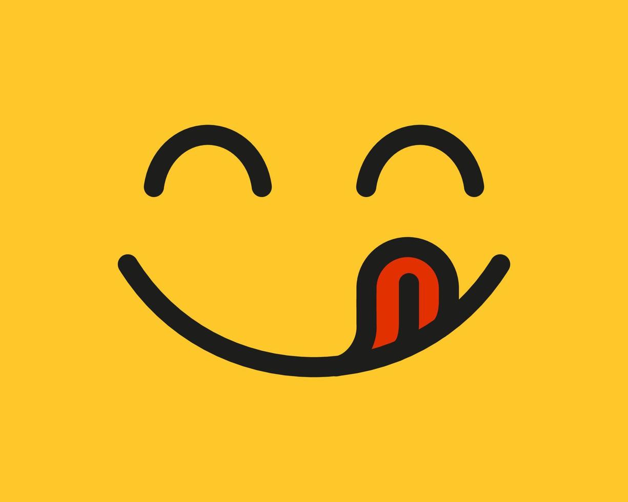 Yummy smile emoji with tongue lick mouth. Delicious tasty food symbol for social network. Yummy and hungry icon. Savory gourmet. Enjoy food sign. Vector illustration isolated on yellow background