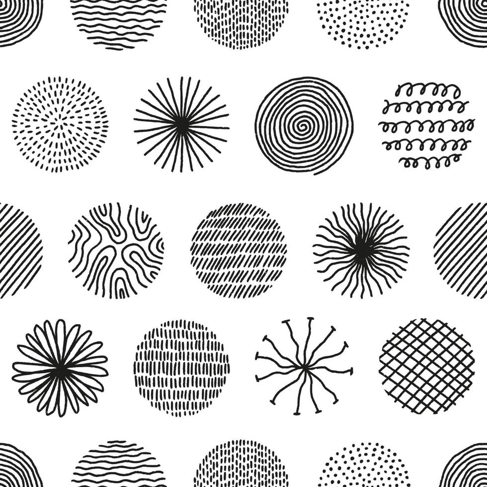 Hand drawn circles with doodle texture. Modern abstract seamless pattern with black organic round shapes with lines, circles, drops. Vector illustration on white background