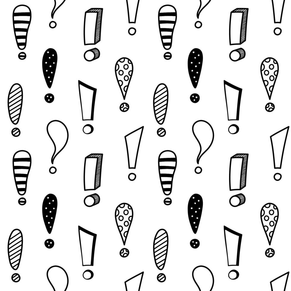 Hand drawn exclamation marks seamless pattern. Hazard warning hand draw symbol. Attention doodle icons. Background with exclamations marks. Vector illustration in doodle style on white background
