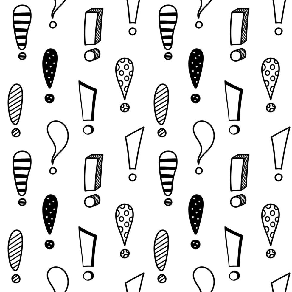 Hand drawn exclamation marks seamless pattern. Hazard warning hand draw symbol. Attention doodle icons. Background with exclamations marks. Vector illustration in doodle style on white background