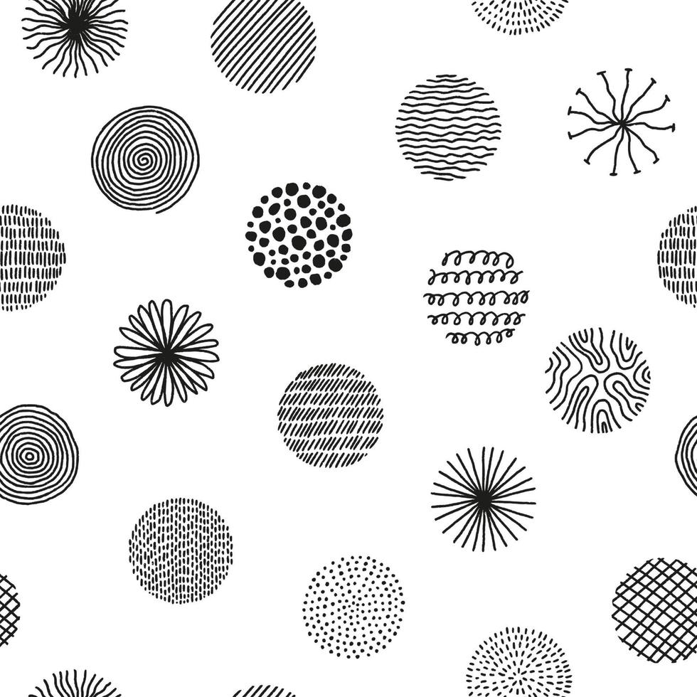 Hand drawn circles with doodle texture. Modern abstract seamless pattern with black organic round shapes with lines, circles, drops. Vector illustration on white background