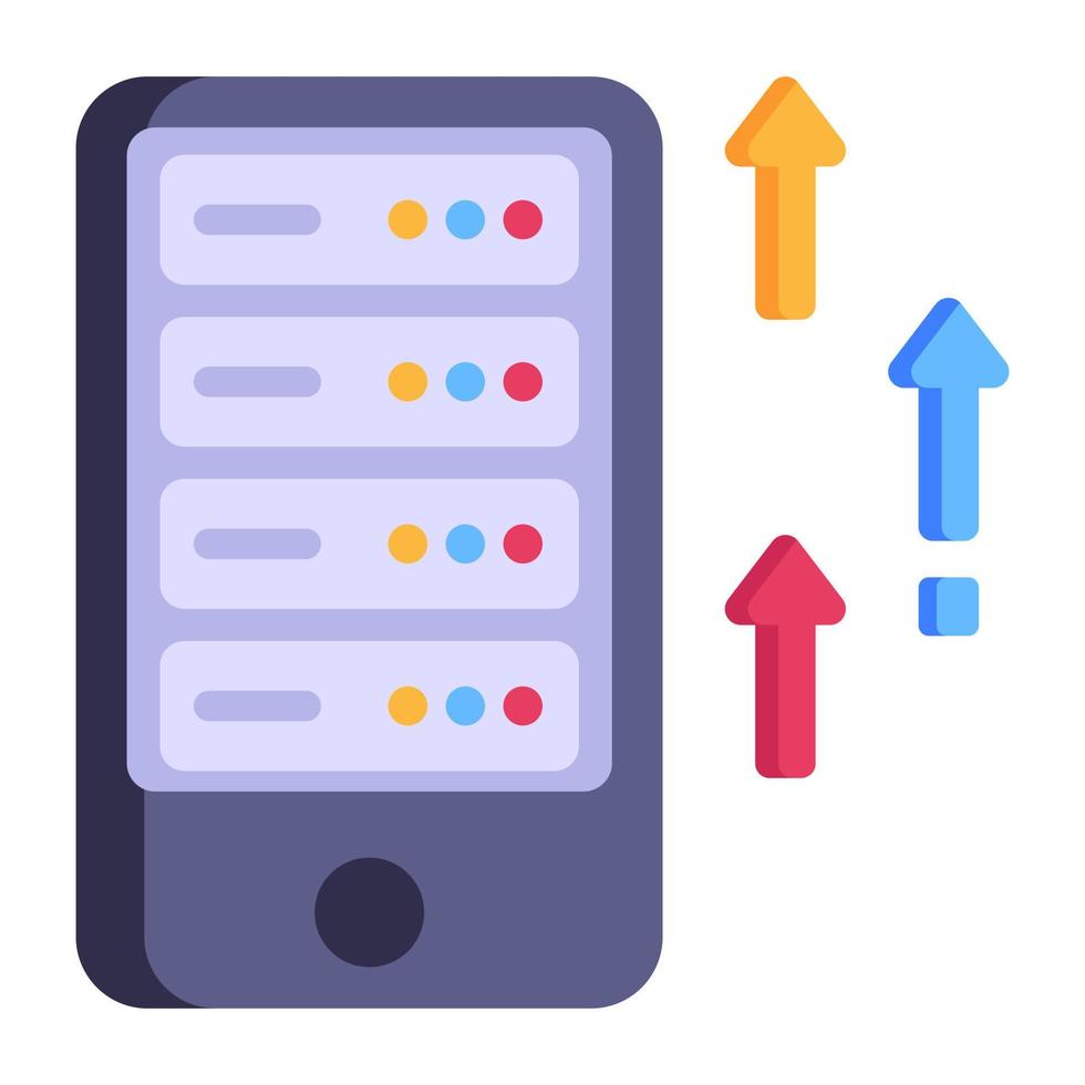 Datacenter and upward arrows denoting flat icon of server upload vector