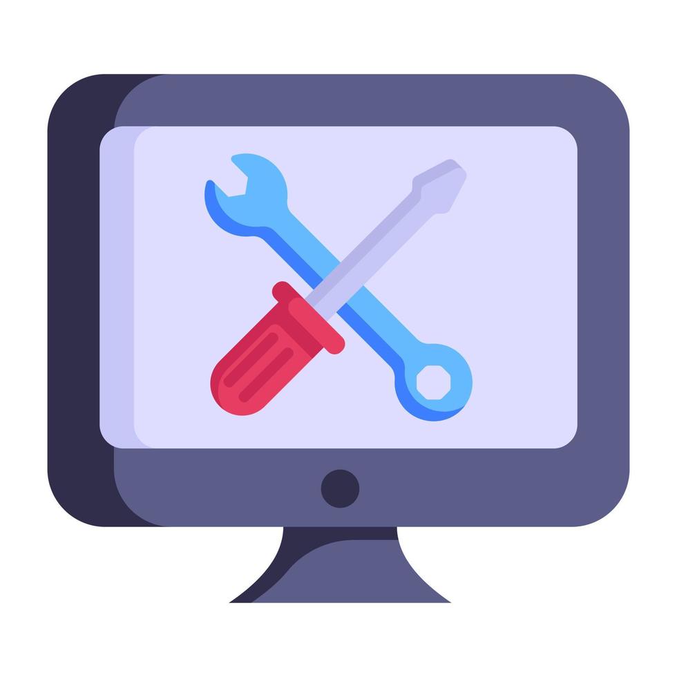 Spanner and screwdriver inside monitor, flat icon of system maintenance vector