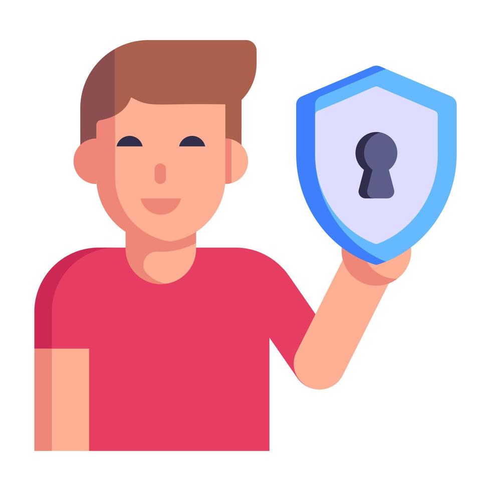 Person and protection shield, concept of secure profile flat icon vector