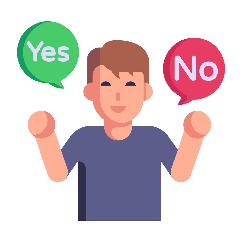 Man with yes or no chat bubbles, denoting a flat icon of choices vector