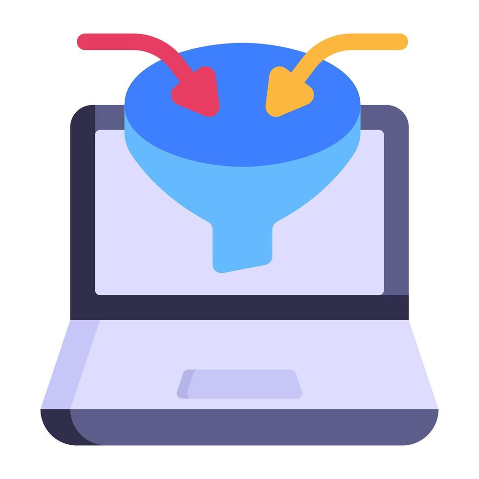 Funnel with inward arrows and laptop, concept of data filtration flat icon vector