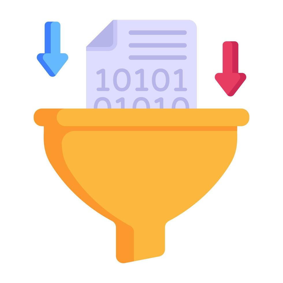 Funnelwith inward arrows and file, concept of data extraction flat icon vector