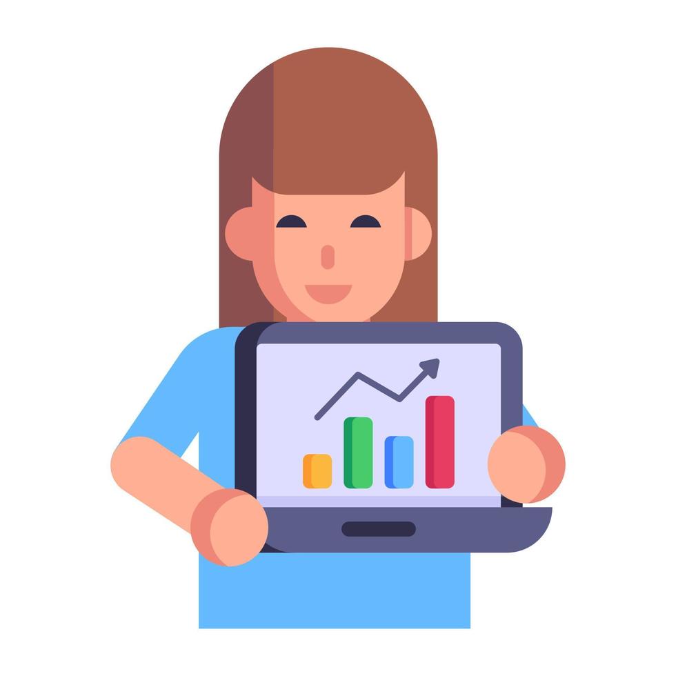 Person presenting business chart, flat icon of data analyst vector