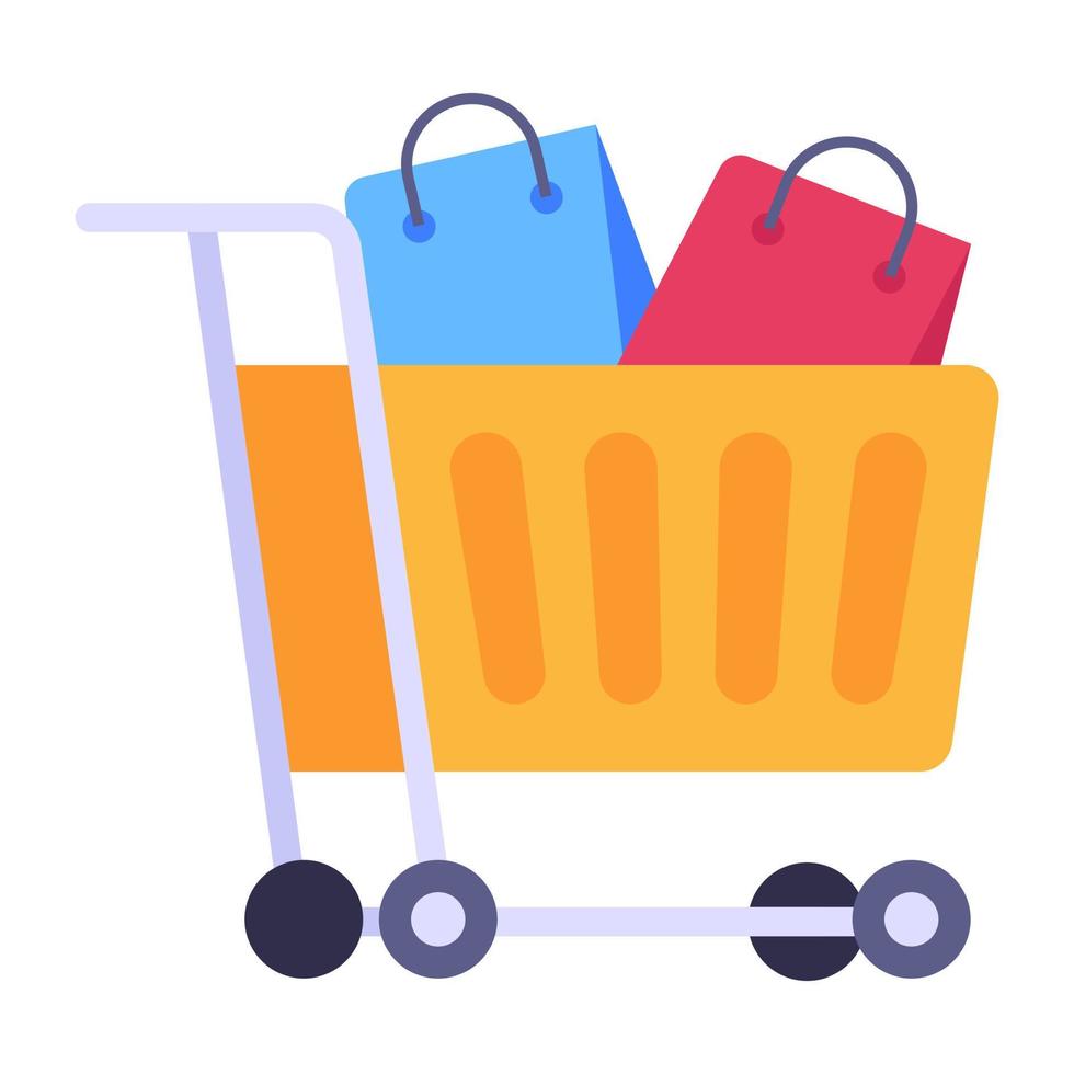 A shopping trolley filled with bags flat icon vector