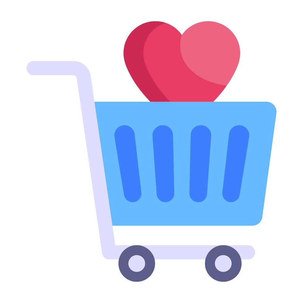 corazón en carro, icono plano de compras de amor vector