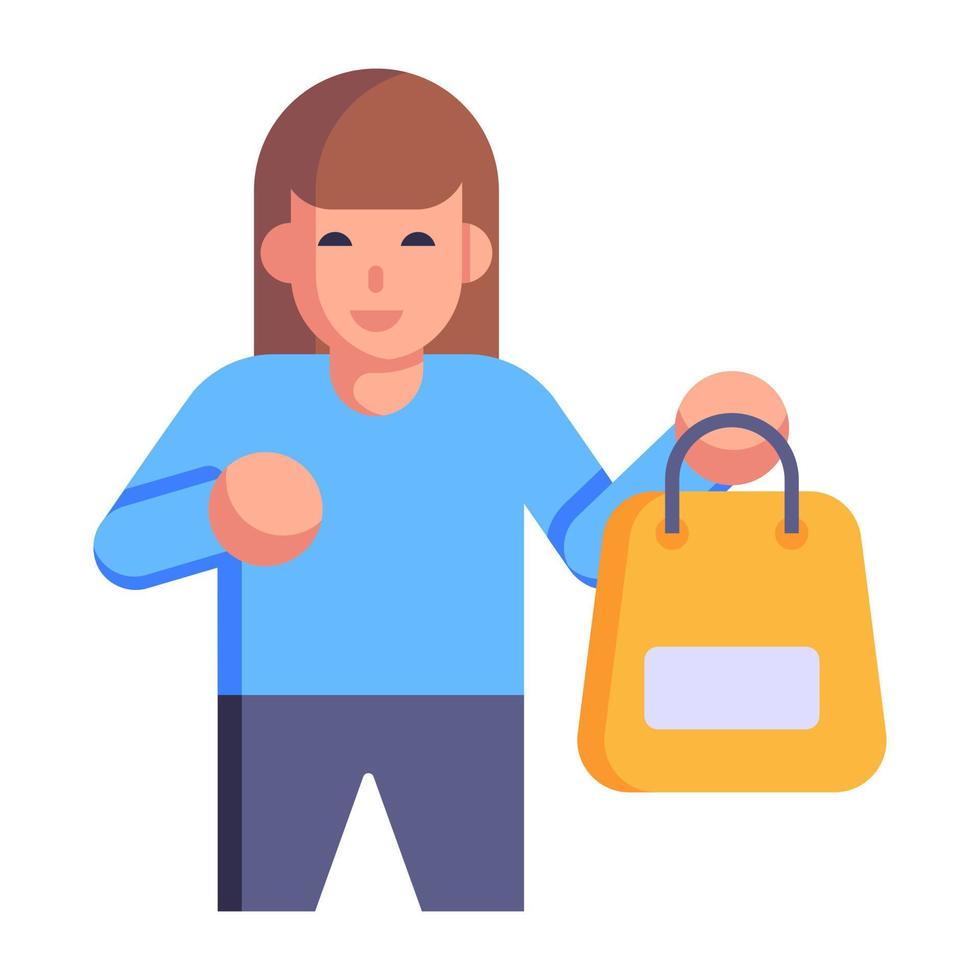 chica de compras con icono plano de bolsa vector