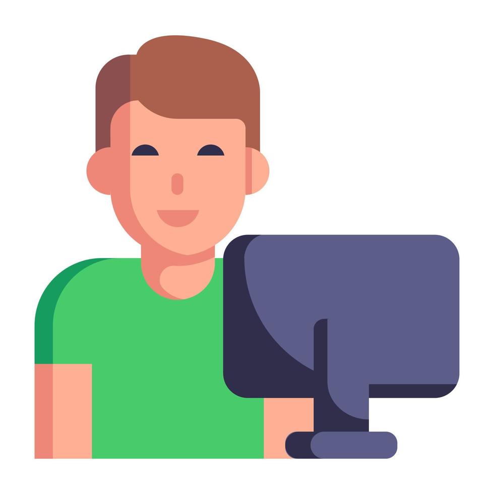 hombre frente al monitor, icono plano del usuario de la computadora vector