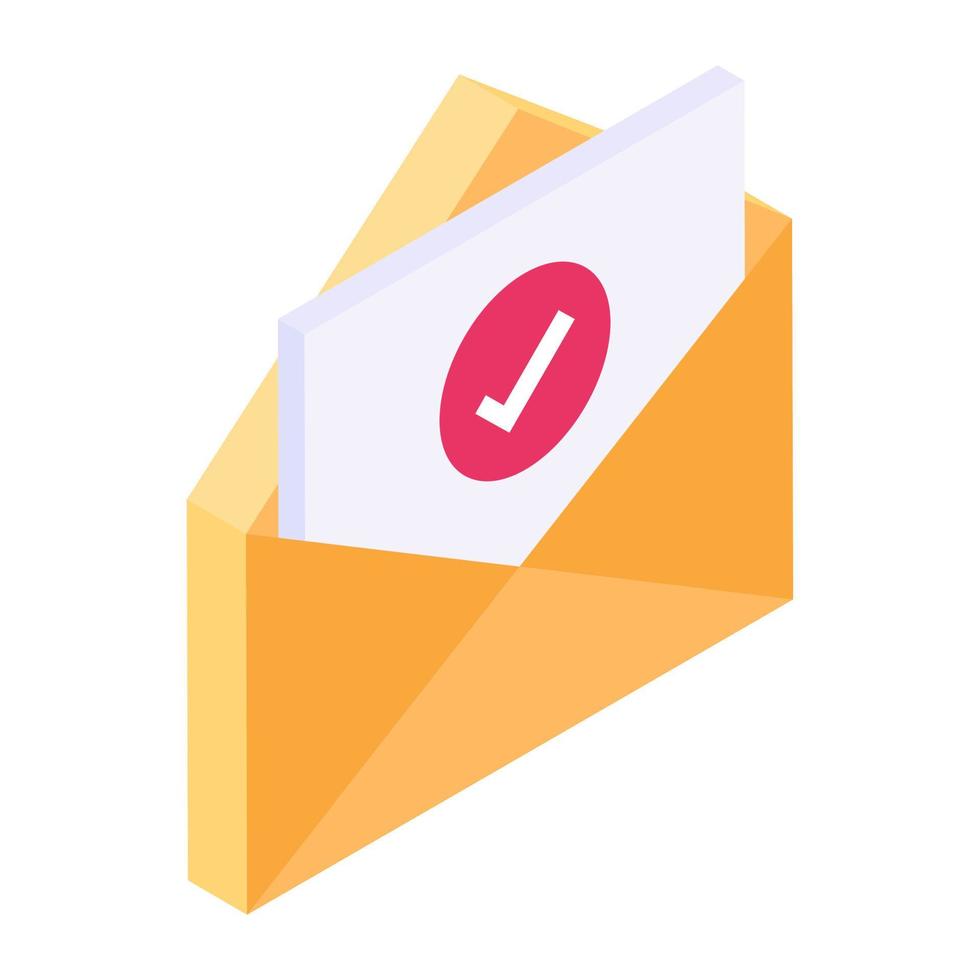 Tick mark over mail, received mail isometric icon vector