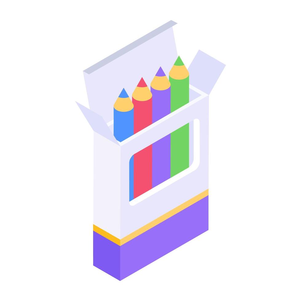 Colour pencils in a box, isometric icon vector