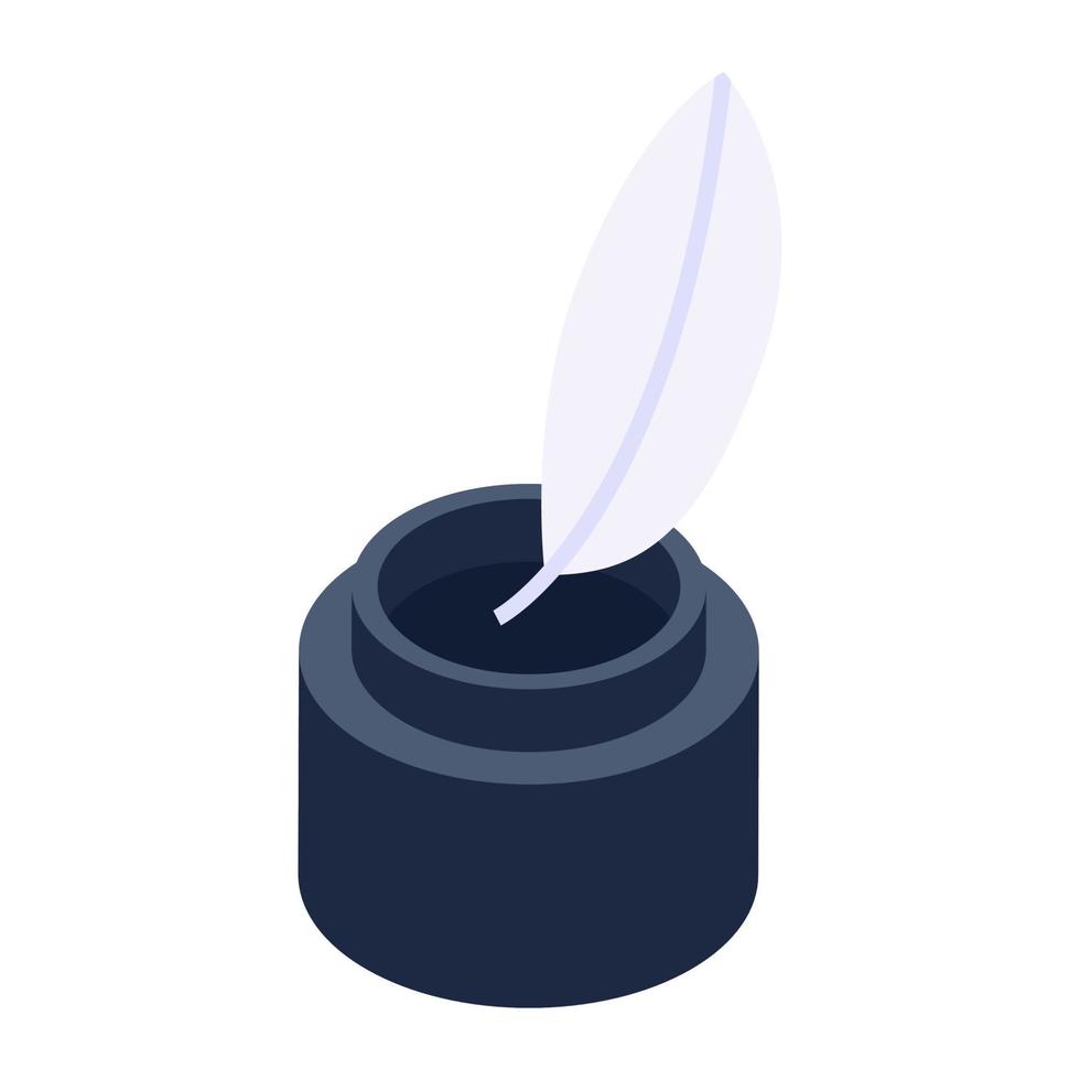 Isometric icon of quill pen, feather pen inside inkpot vector