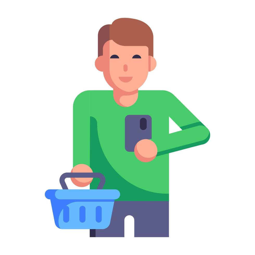 icono plano que denota hombre con bolsa de compras, comprador vector