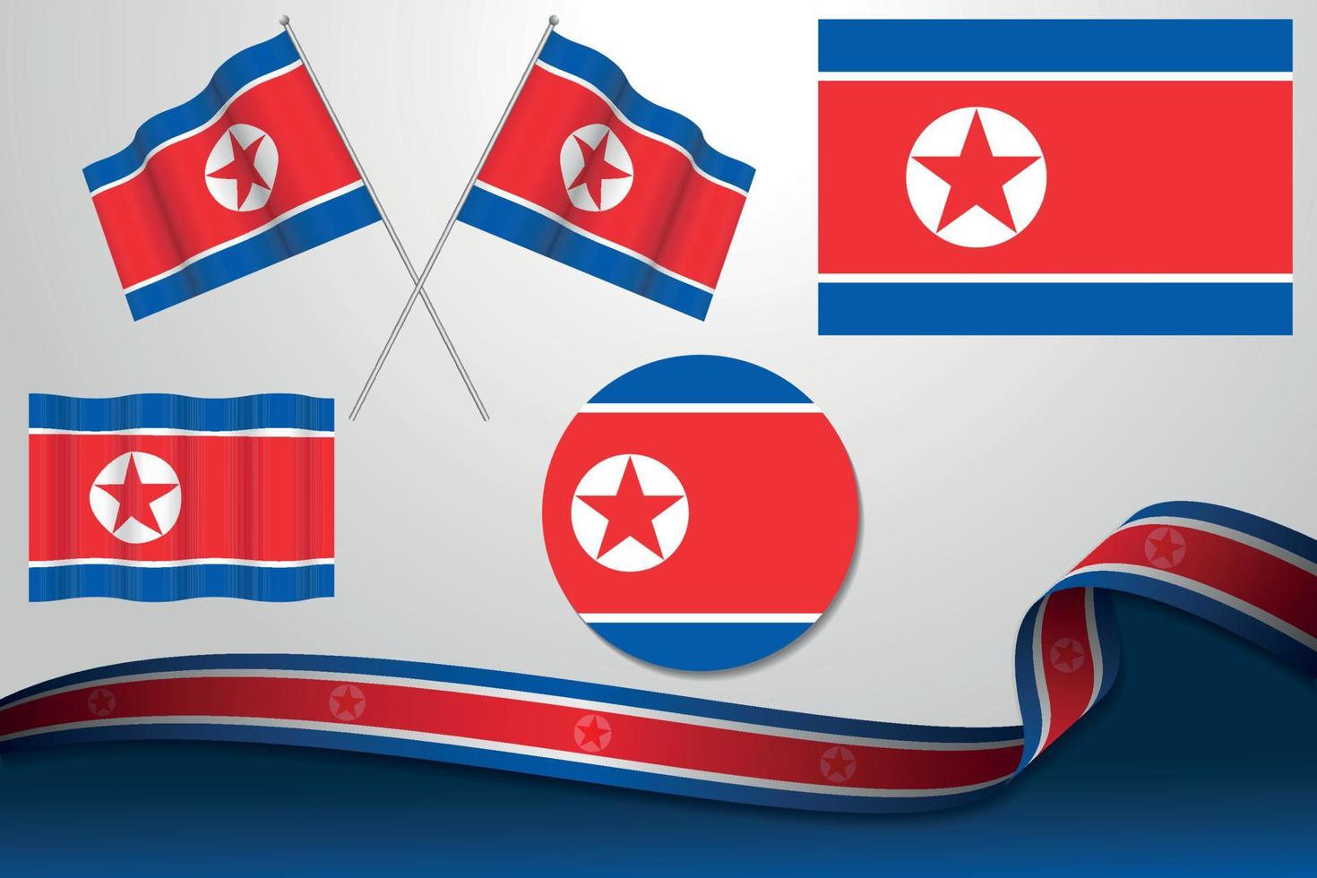 Set Of North Korea Flags In Different Designs Icon Flaying Flags With ribbon With Background. vector