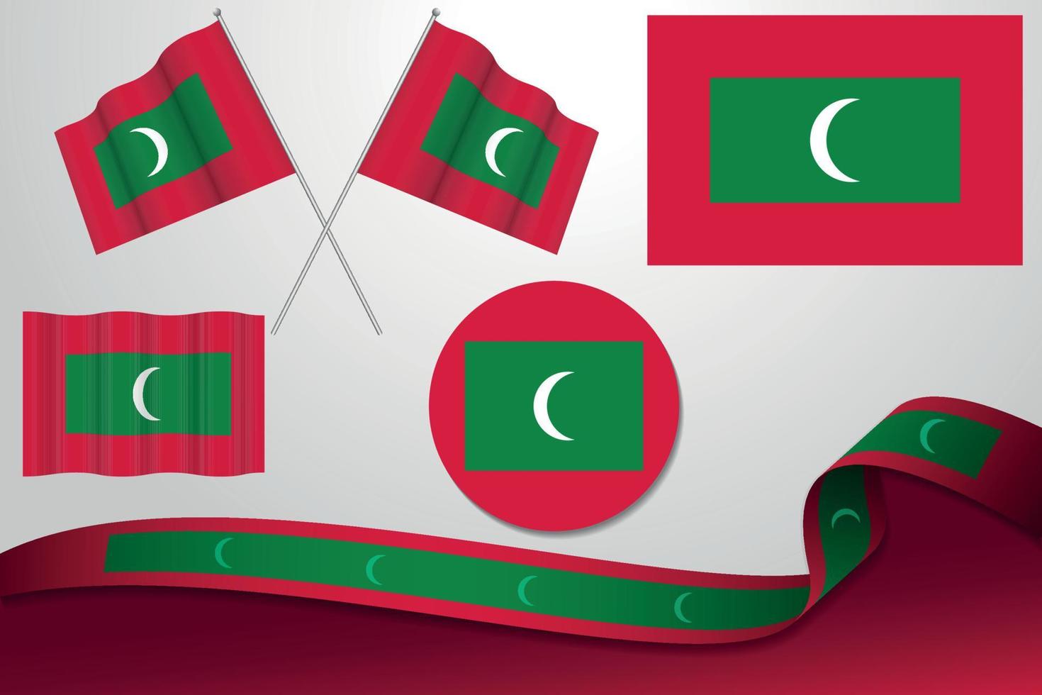 Set Of Maldives Flags In Different Designs Icon Flaying Flags With ribbon With Background. vector