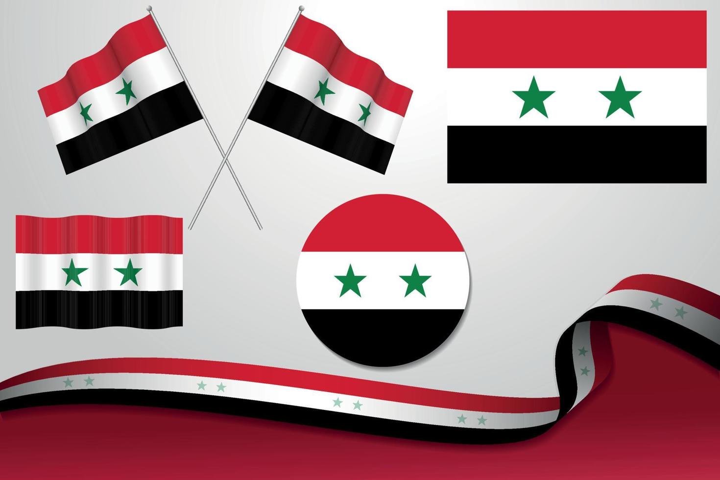 Set Of Syria Flags In Different Designs Icon Flaying Flags With ribbon With Background vector