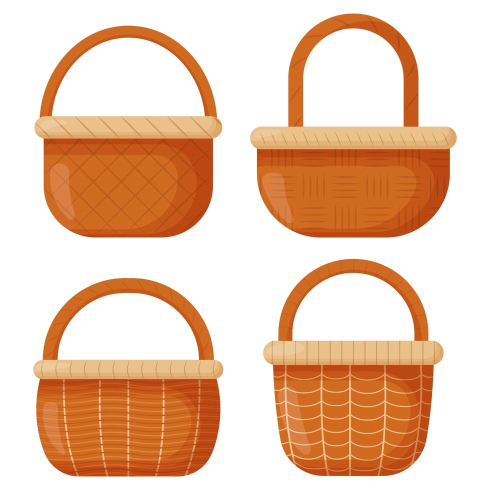 Wicker basket. Empty wicker basket for Easter, picnic. Wooden accessory for storage or carrying vector