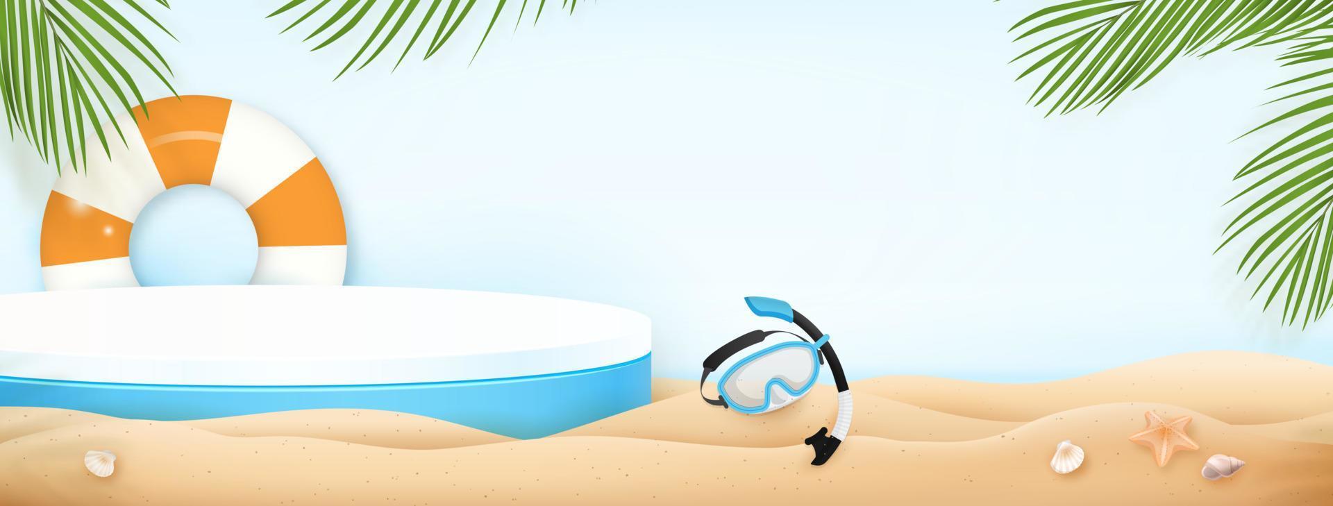 Stage podium mock up for product display in summer beach banner background vector