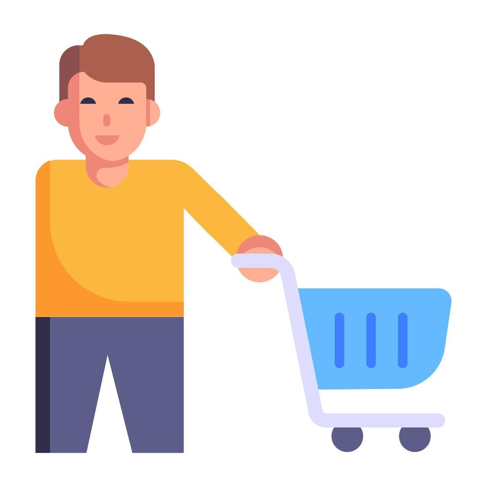 hombre con carrito de compras icono plano vector