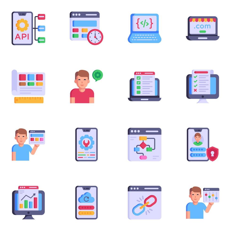 paquete de iconos de desarrollo de software y diseño web plano vector