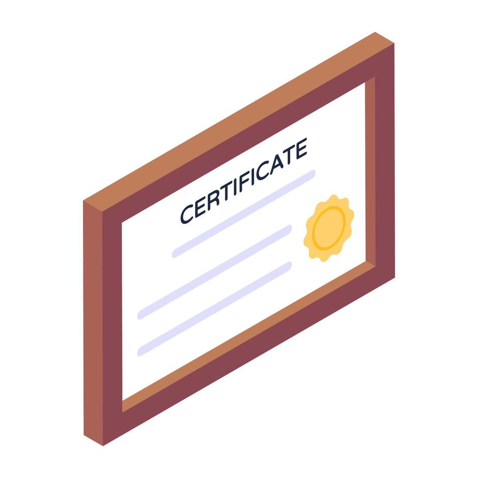 Official competence document, isometric icon of certificate vector