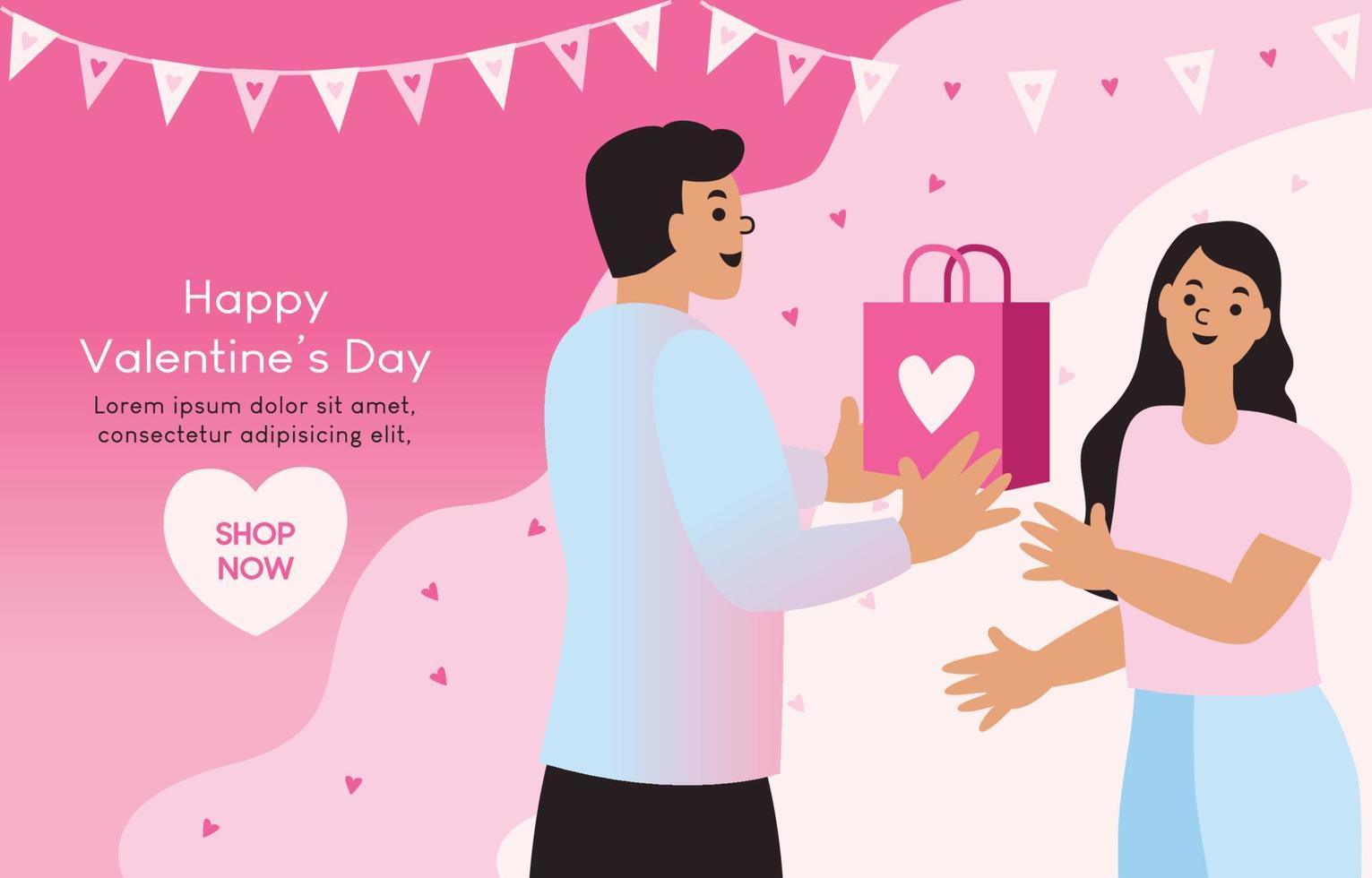 Couples give gifts to each other Buying a gift for lover in valentine's day. Men carry shopping bags to women. women glad to receive a gift from a lover.vector illustration design for banner, website vector