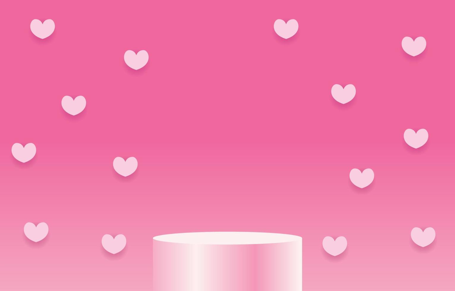 Pink stage for placing products. Empty cylinder podium. Concept of love or Valentine's Day. Sweet pink background decorated with hearts, Gift boxes, and shopping bags. Designed for background, banner vector