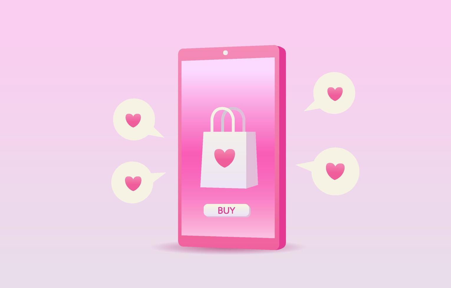 tienda en línea en el concepto de amor o san valentín. teléfonos móviles, corazones, carritos, cartas de amor y cajas de regalo representan el amor en un fondo rosa. aplicación de compras en el teléfono inteligente. diseño para banner, anuncio, web. vector