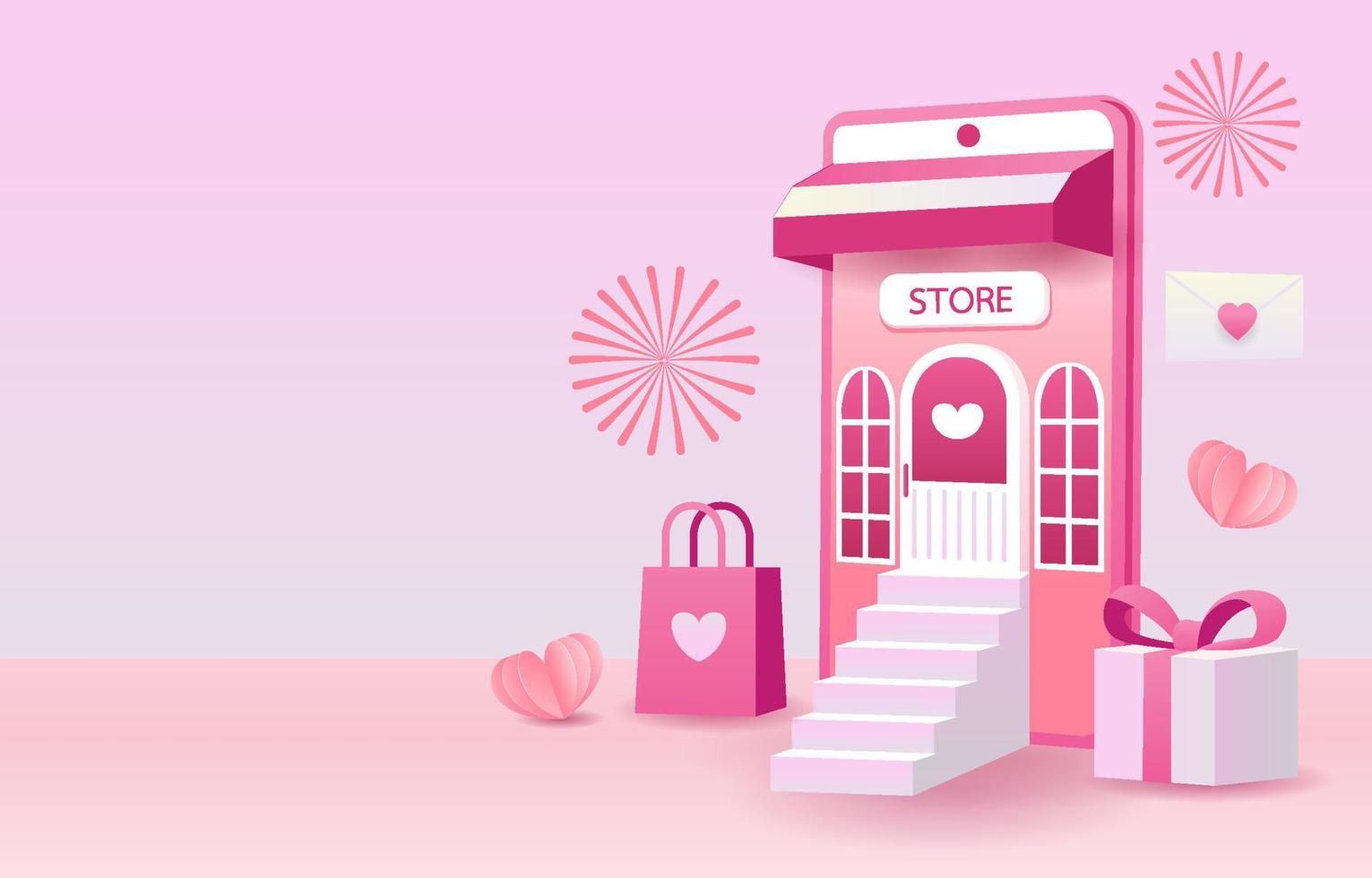 Online store In the concept of love or Valentine.Mobile phones, hearts, cart, love letter and gift boxes represent love on a pink background.shopping app in the smartphone. design for banner, ad, web. vector
