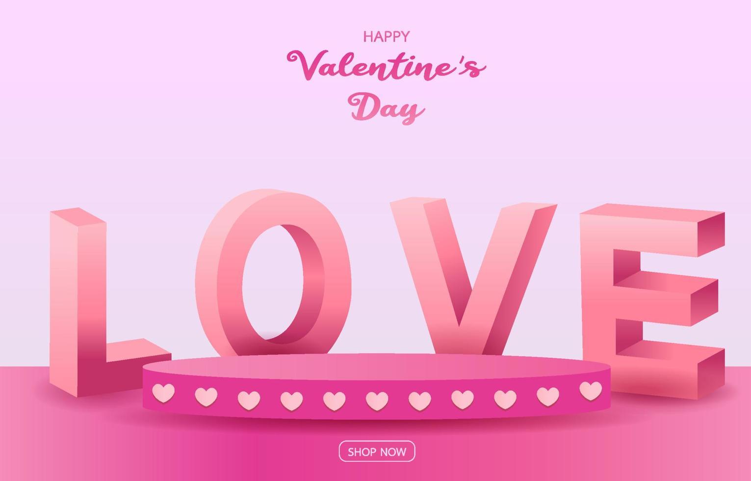 Pink stage for placing products. Empty cylinder podium. Concept of love or Valentine's Day. Sweet pink background decorated with hearts, Gift boxes, and shopping bags. Designed for background, banner vector
