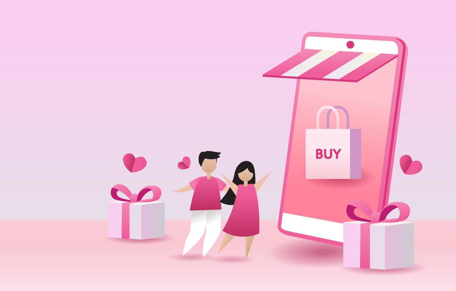 las parejas se dan regalos comprando un regalo para el amante en el día de san valentín. los hombres llevan bolsas de compras a las mujeres. mujeres contentas de recibir un regalo de un amante. diseño de ilustración vectorial para banner, sitio web vector