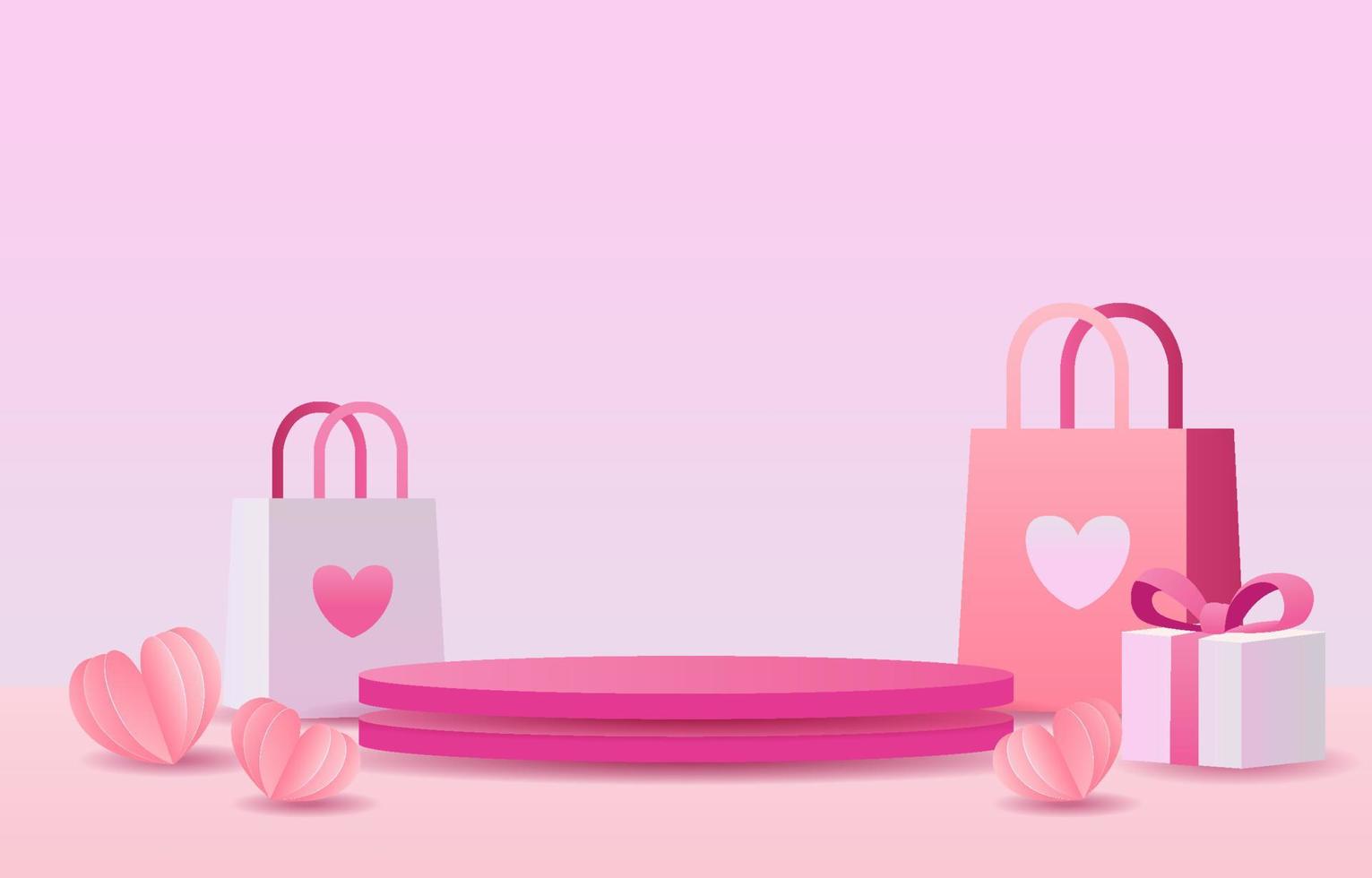escenario rosa para colocar productos. podio de cilindro vacío. concepto de amor o día de san valentín. fondo rosa dulce decorado con corazones, cajas de regalo y bolsas de compras. diseñado para fondo, pancarta vector