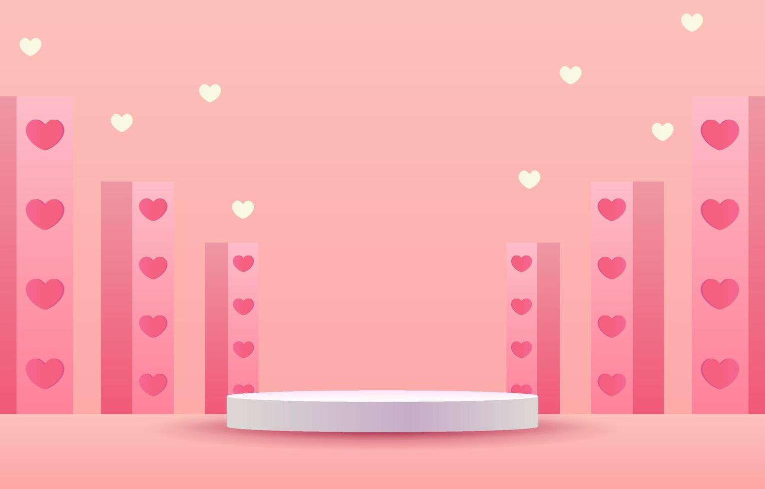 Pink stage for placing products. Empty cylinder podium. Concept of love or Valentine's Day. Sweet pink background decorated with hearts, Gift boxes, and shopping bags. Designed for background, banner vector