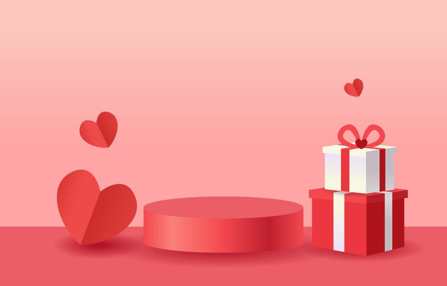 Beautiful background for Valentine or love. The cylindrical podium is a stand to show products. Decorated with hearts and gift boxes. Design for banner, web, mobile app, card, background, promotion. vector